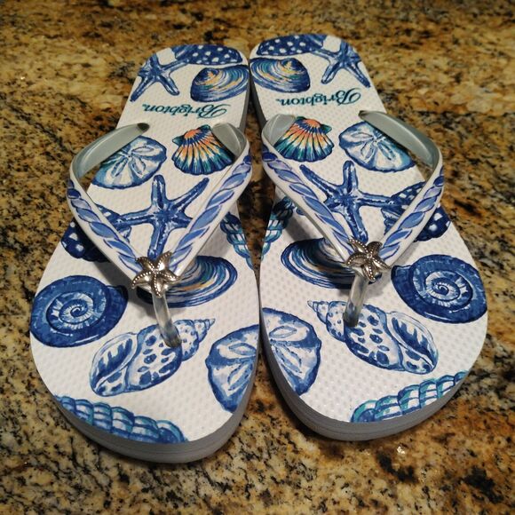 BRIGHTON Summer Shelly Starfish Turquoise White Rubber Flip Flops Women's 8 - Picture 6 of 6